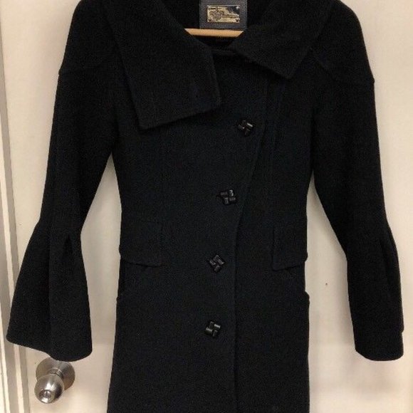 MACKAGE BLACK WOOL CASHMERE COAT WITH LEATHER TRIM - XXS - PRE-OWNED - Picture 2 of 7